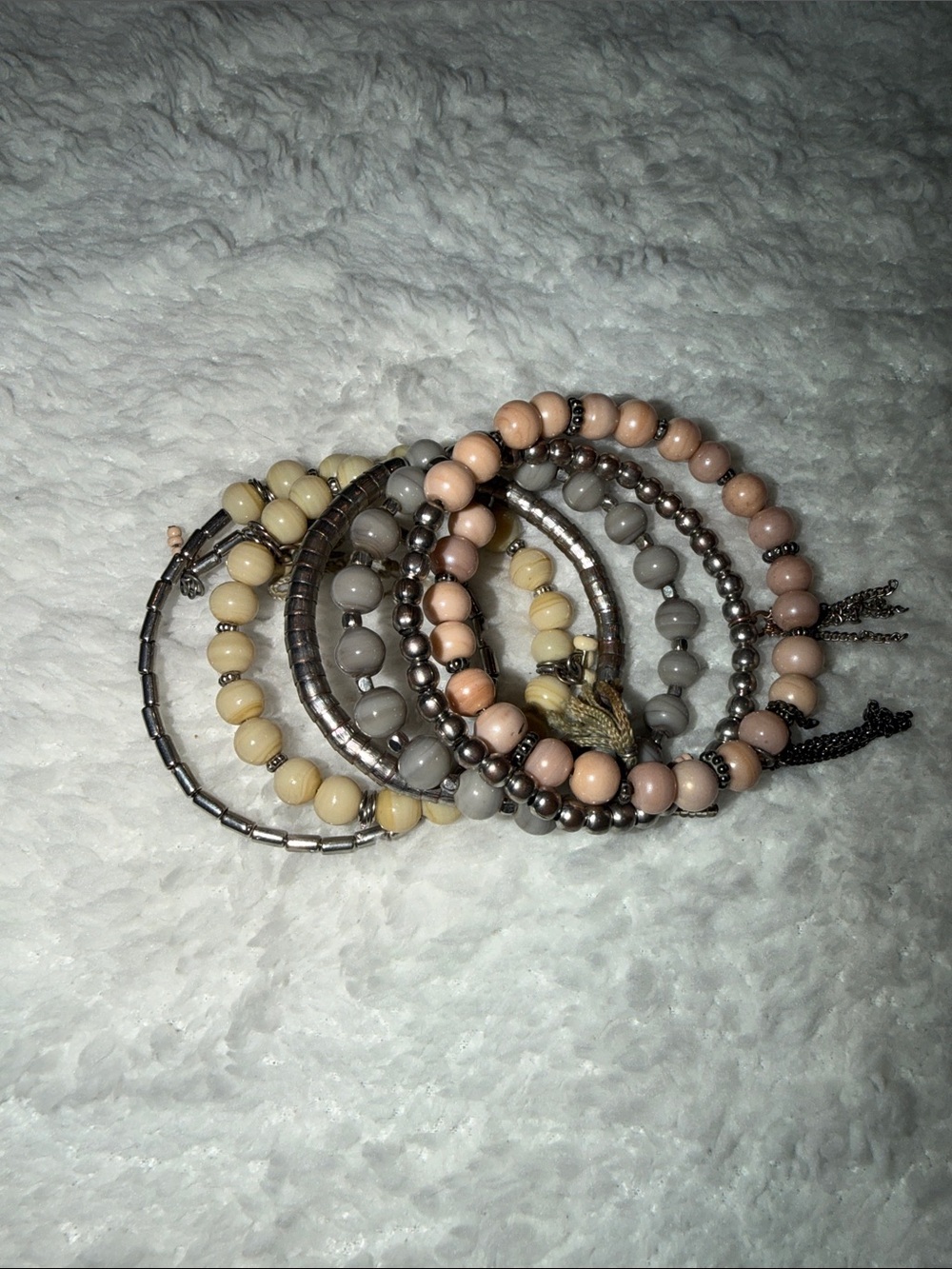 Stacked Beaded Stretch Bracelet Stack in Neutral Pink, Cream & Gray
